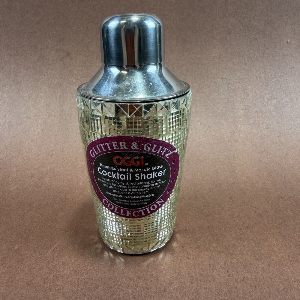 OGGI Glitter & Glitz Cocktail Shaker Stainless Steel & Mosaic Glass 8.5 oz